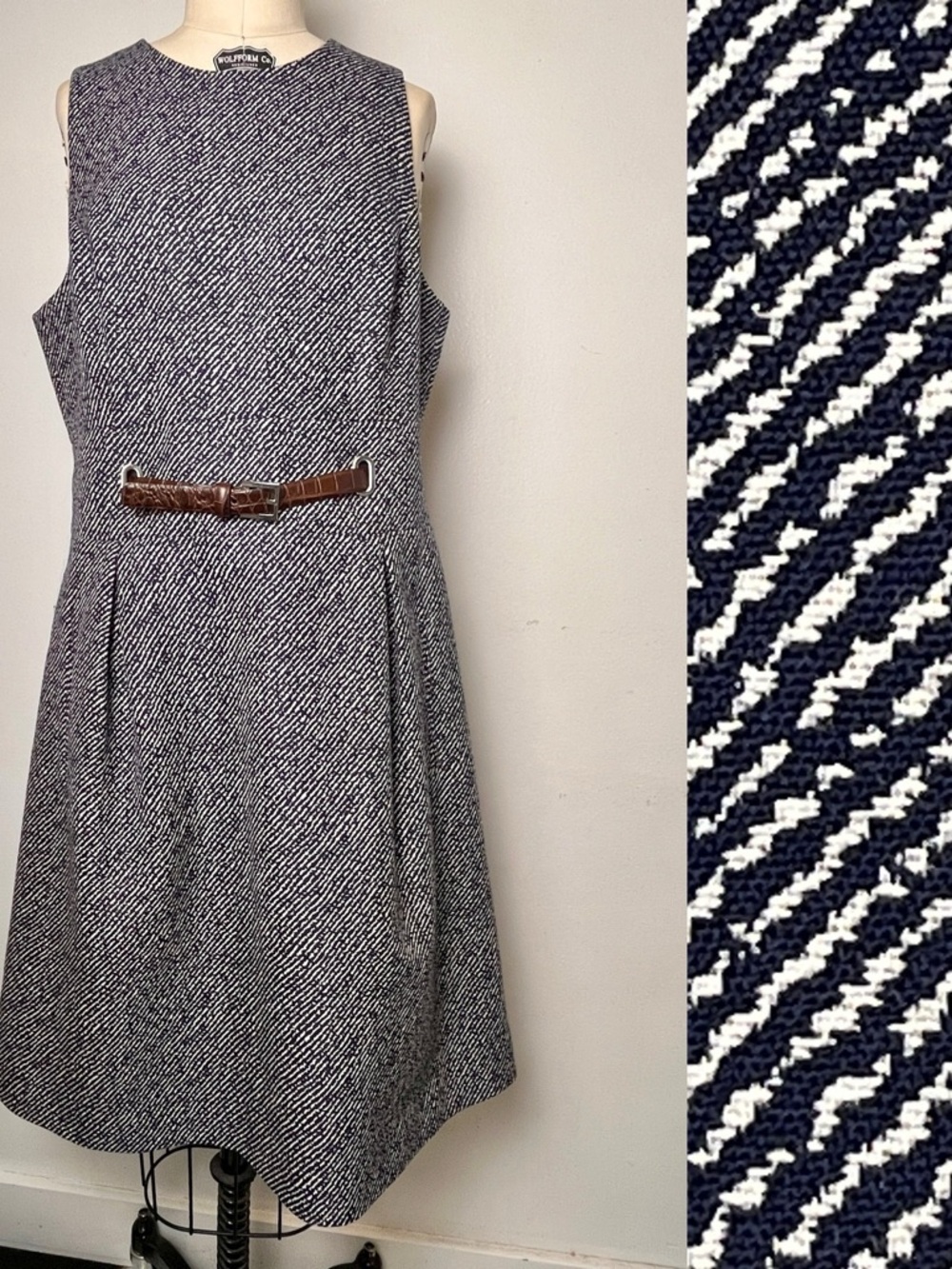 Sz 12 Michael Kors Collection Classic Navy & White Wool Sleeveless Dress